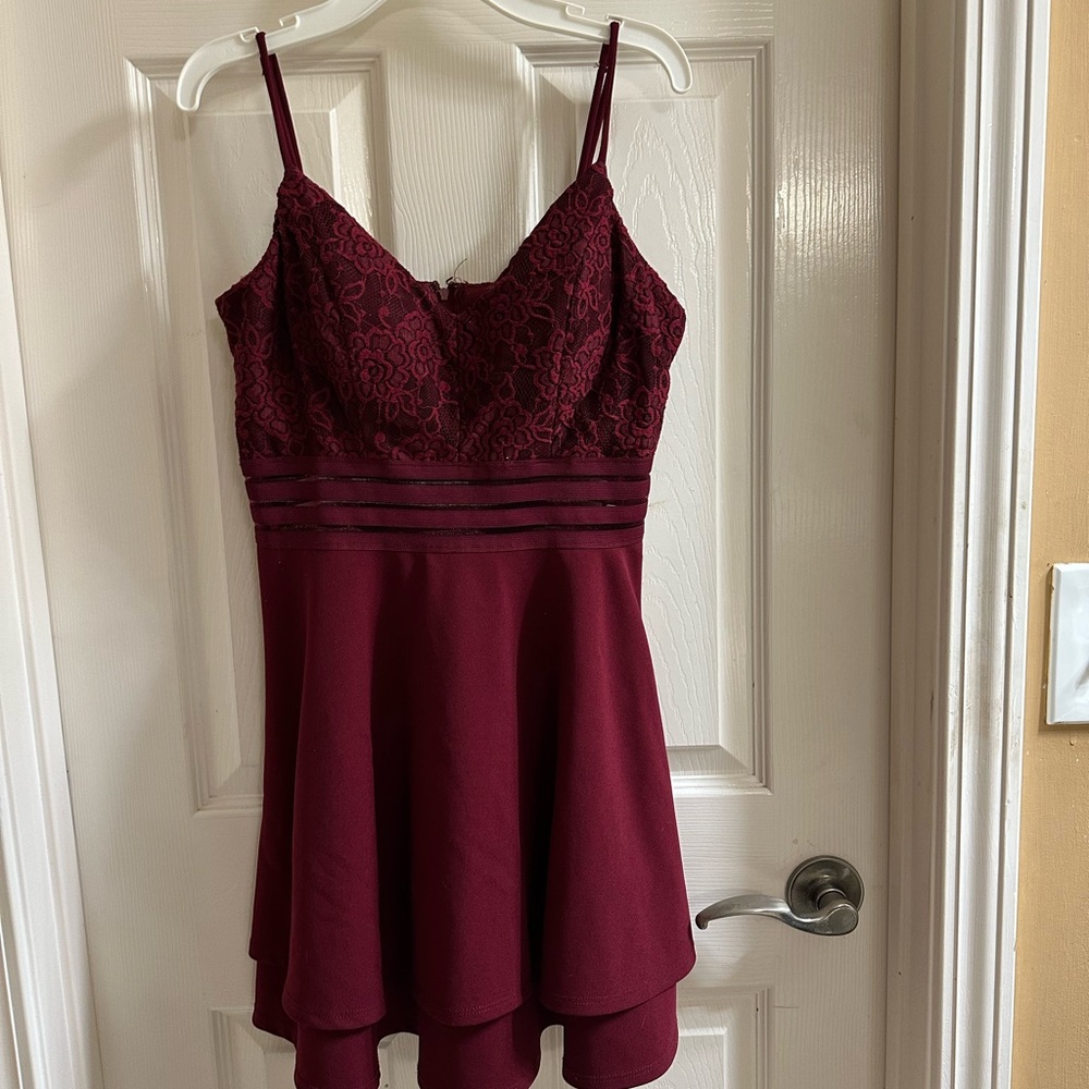 City Triangles Burgundy Lace Mini Dress